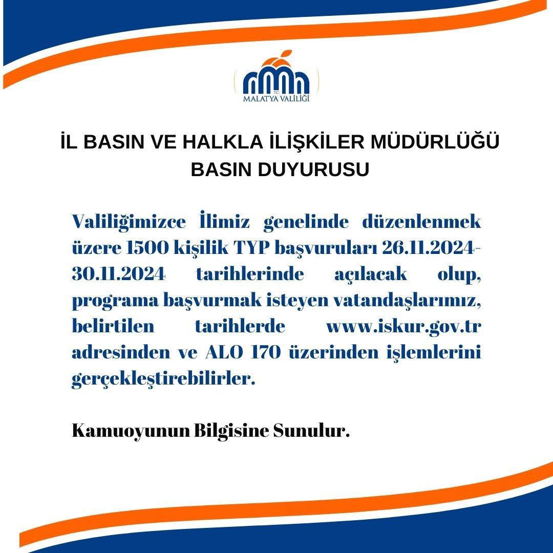 Malatya’da TYP’den 1500 kişi alınacak! Başvuru tarihi belli oldu Malatya Valiliği TYP üzerinden 1500 kişi alınacağını duyurdu. TYP başvurularında tarihler belli oldu.